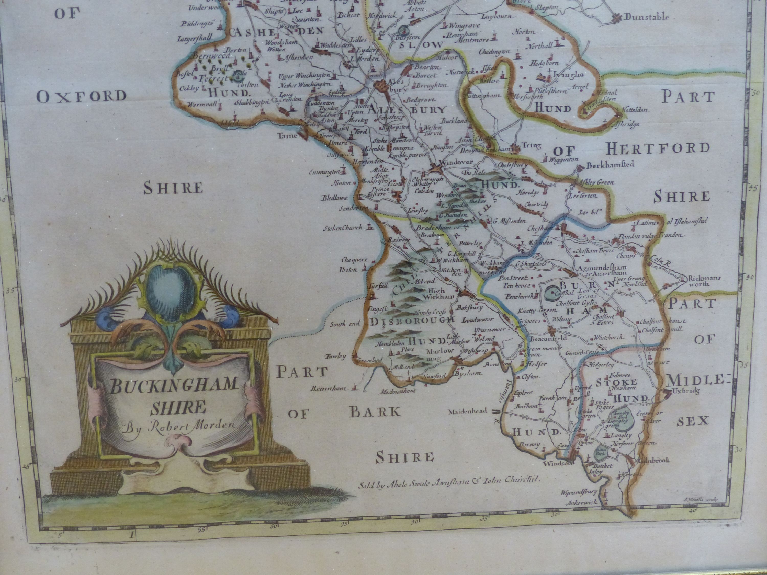 Robert Morden, coloured engraving, Map of Buckinghamshire, 41 x 34cm